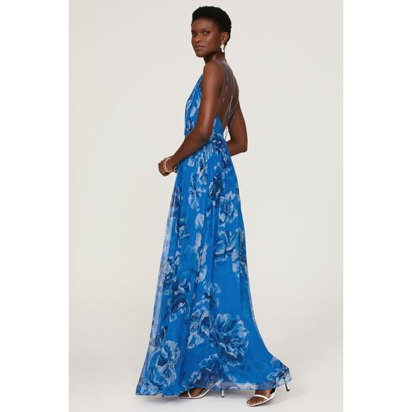 HALSTON Bright Blue Floral Chiffon V-Neck Criss-Cross Open Back Maxi Dress Size4 - Picture 13 of 14